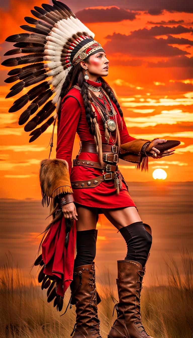 Steampunk Native American Woman with Mechanical Buffalo