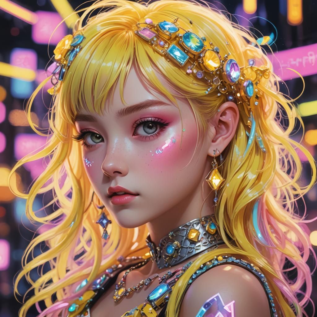 Neon Pastel Anime Girl Portrait in Soft Focus