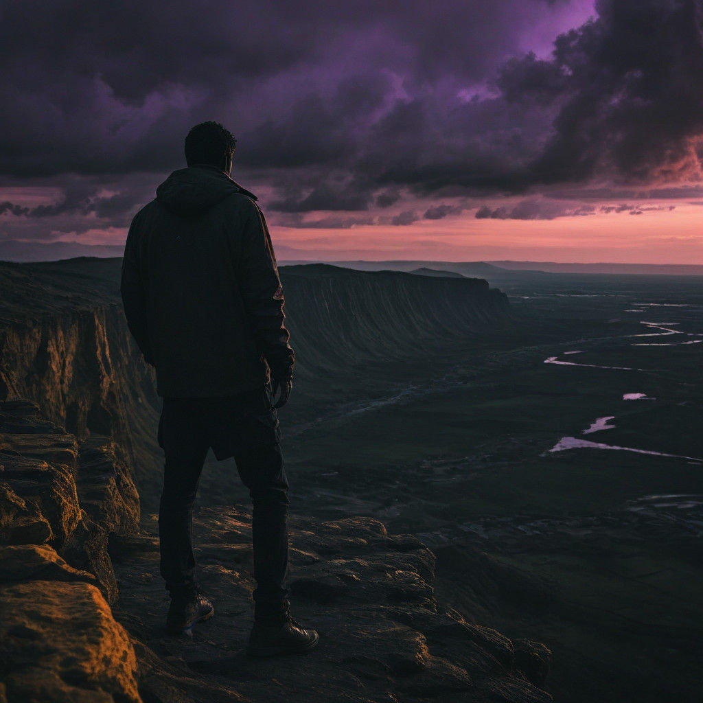 Dark Figure Stands Alone on Cliff Edge at Sunset