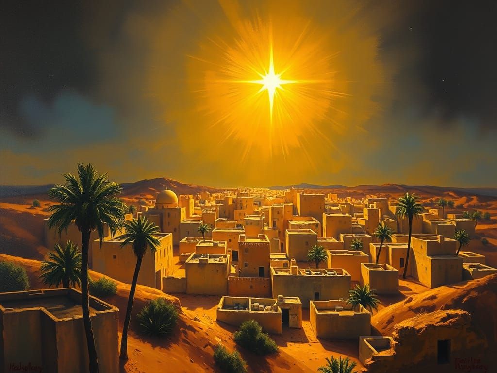 Golden Desert City at Night in the Style of Impressionist Ma...