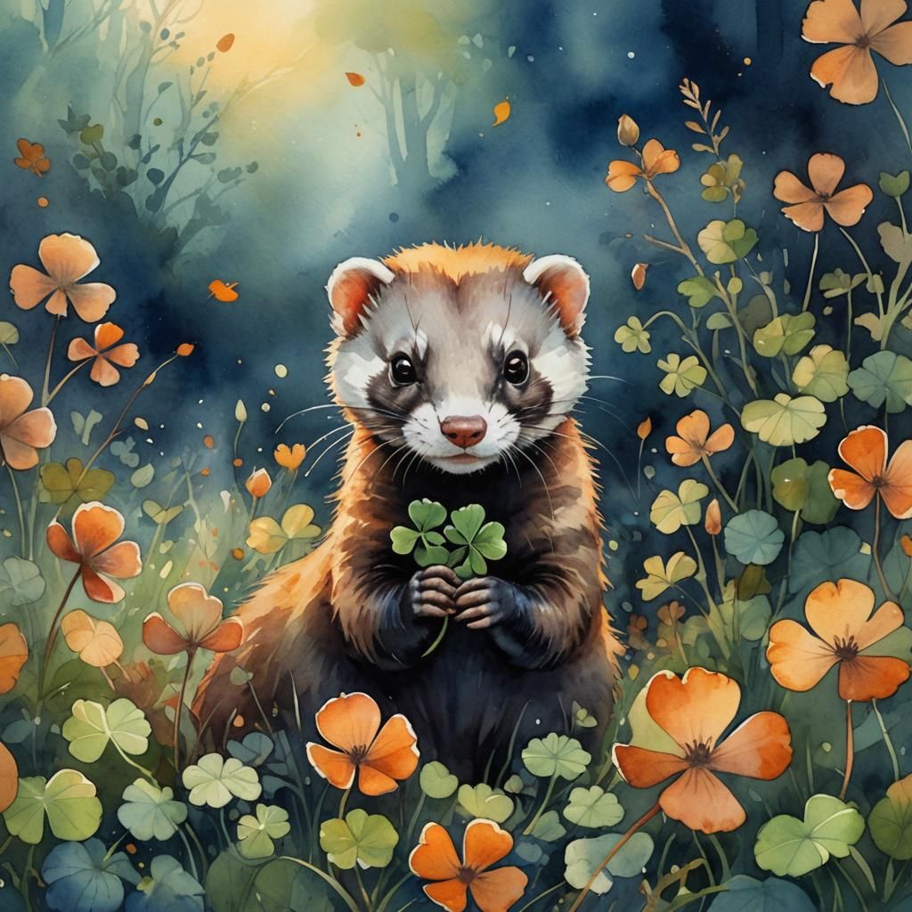 Watercolor Ferret with Clover in Autumnal Light