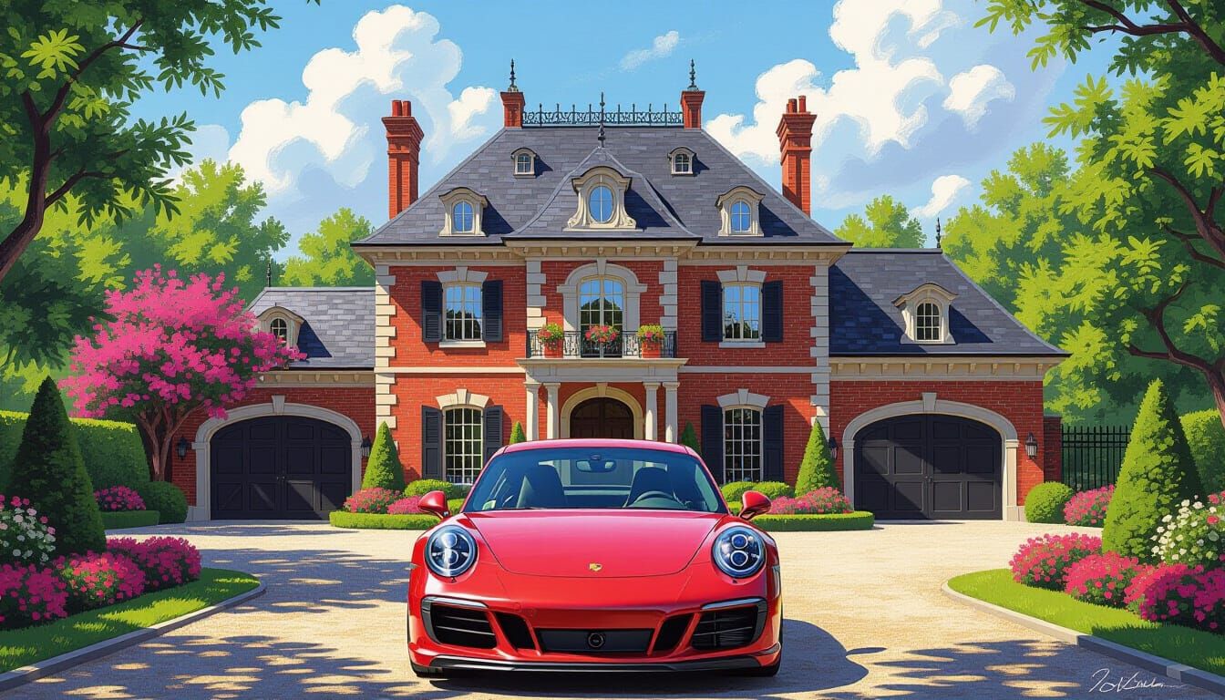 Victorian Chateau with Red Porsche, Monet Inspired
