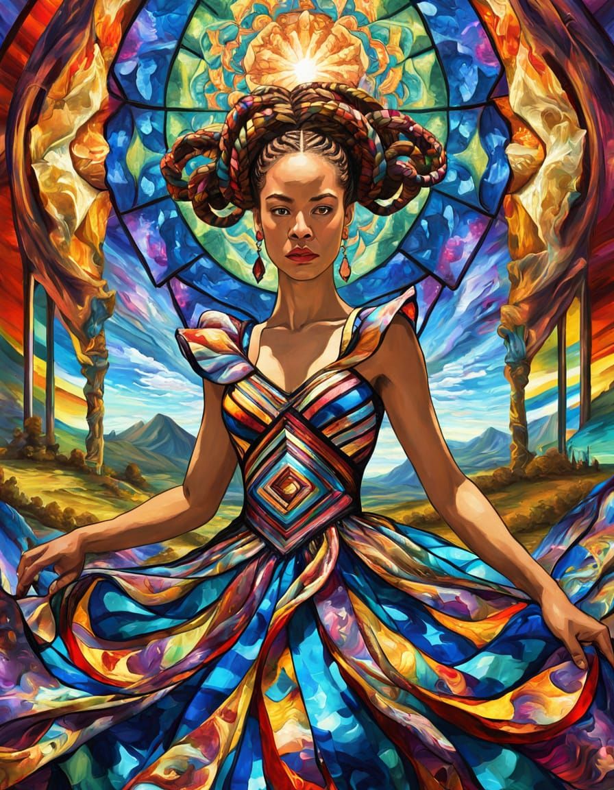 Goddess Woman in Surreal Landscape with Giant Braids