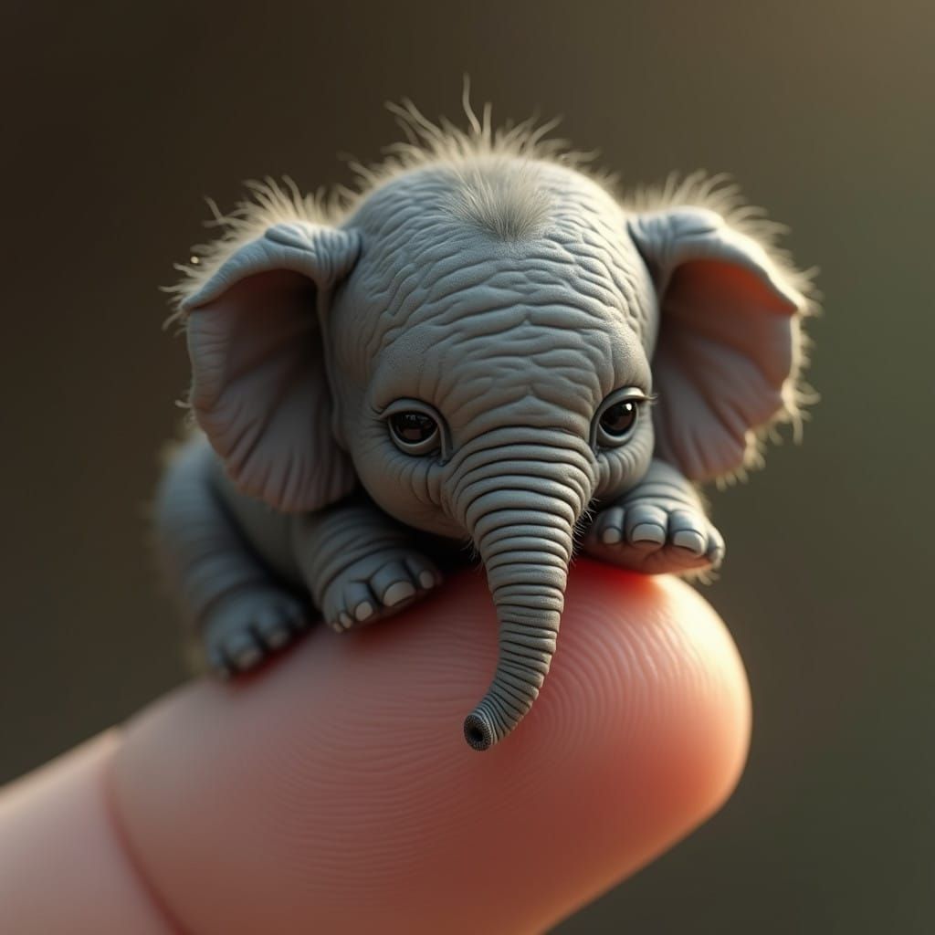A Tiny Baby Elephant on a Human Finger, in Hyper-Realistic 8...