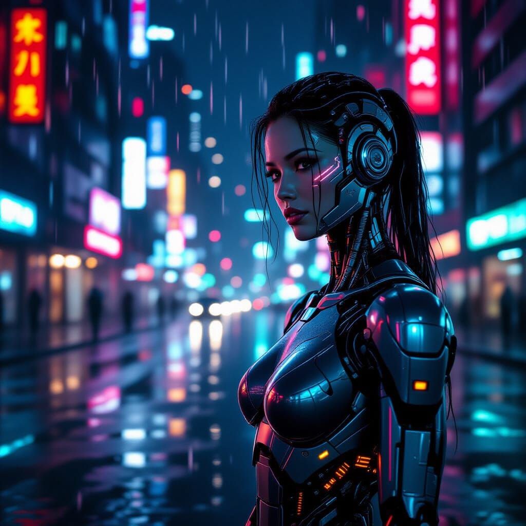 Cyborg in Neon Cityscape: Cyberpunk Photorealistic 8K
