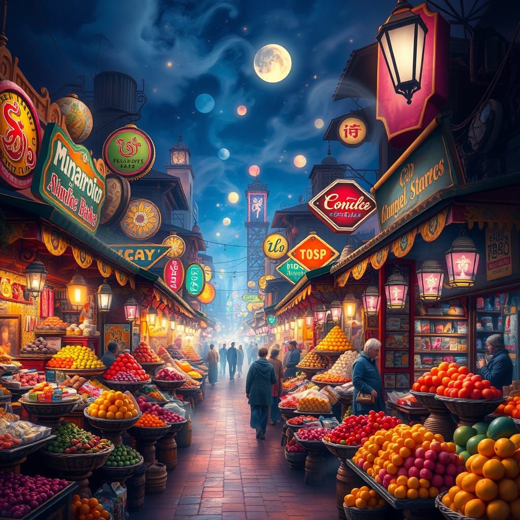 Vibrant Nighttime Oriental Bazaar in Enchanted Neon Glow