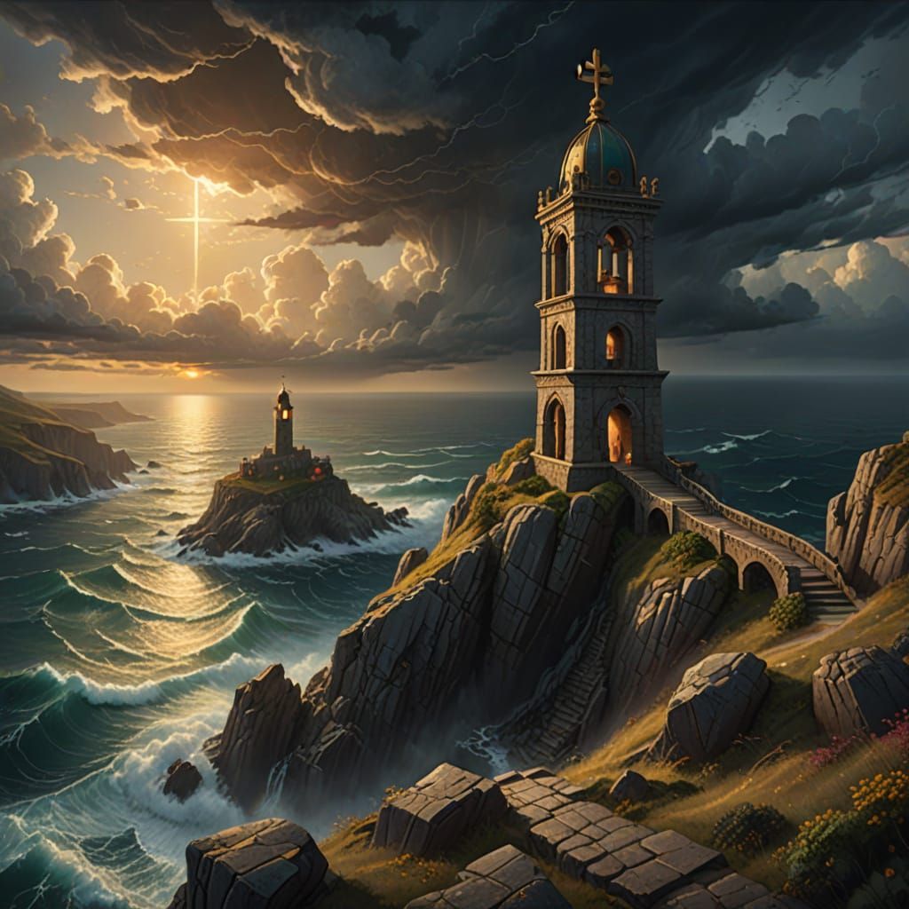 Fantasy Bell Tower and Cross on Stormy Cliff