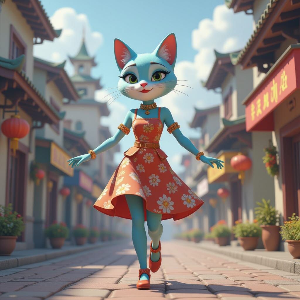 Shape-shifting Cat Performer in Floating Bazaar, Pixar Style