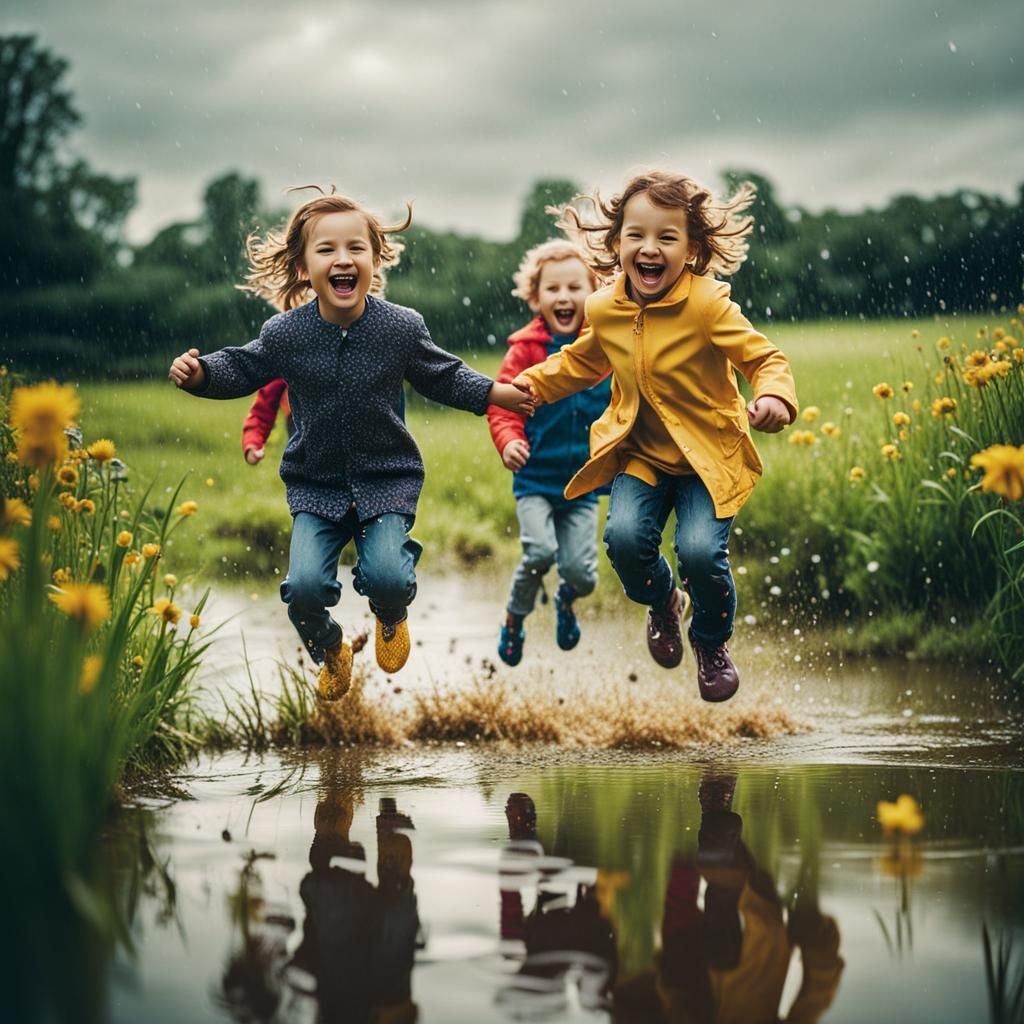 children jumping, hopping in a puddle of water_ laughing fac...