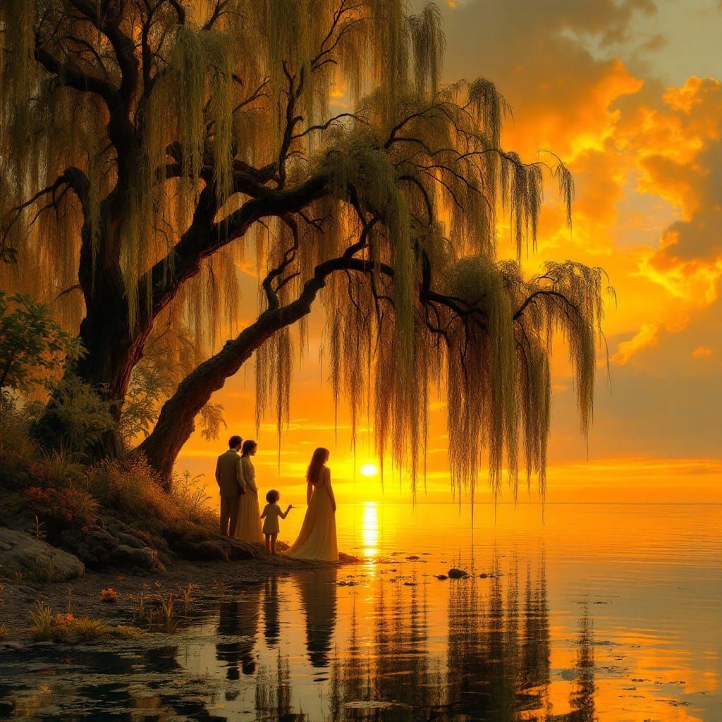 Sunset Lake Family Reflecting Pre-Raphaelite Elegance