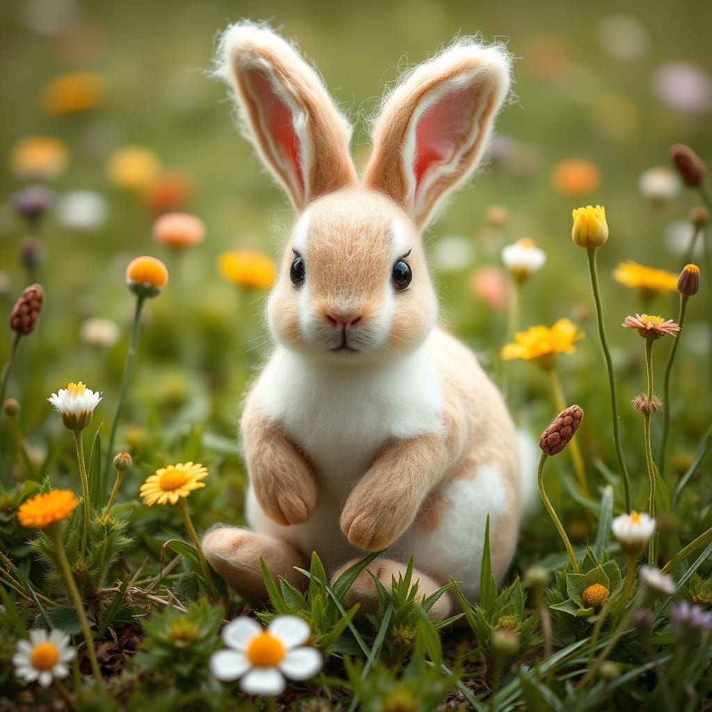 Felted Bunny in Meadow, Whimsical Illustration