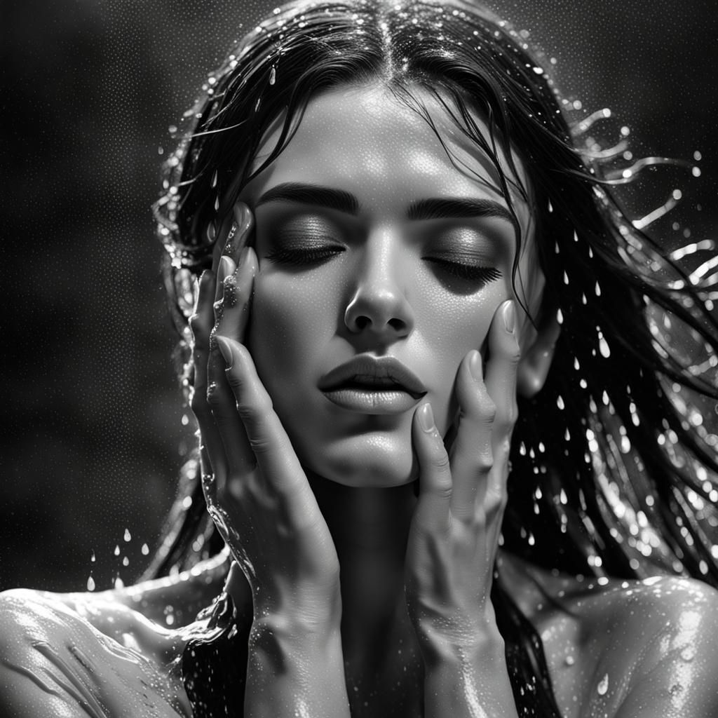 Moody Black and White Portrait of a Wet Brunette