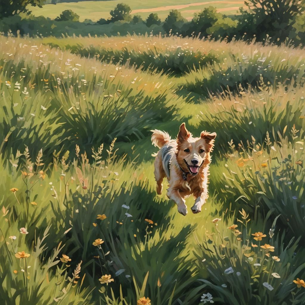 Dog Running in Sunny Field: Impressionist Oil Painting