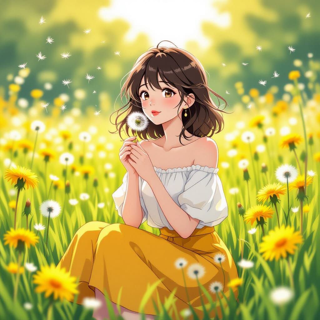 Anime Woman in Meadow Blowing Dandelion Seeds
