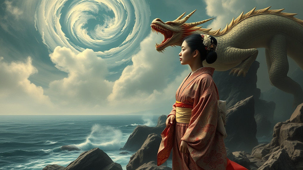 Japanese Woman and Dragon in Hyperrealistic Oil Painting
