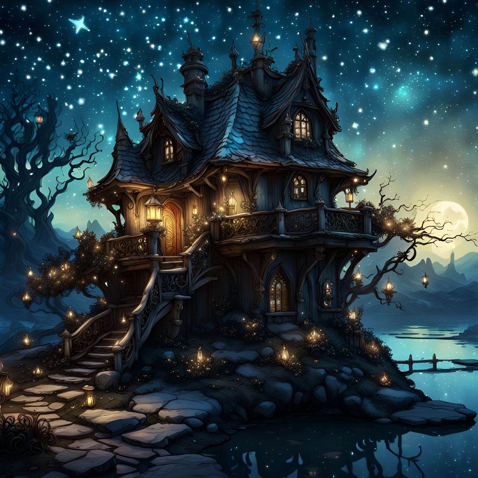 Beautiful fantasy etheareal fantasy fairy house, stars in background, stars twinkle everywhere, art by arthur rackham, d...