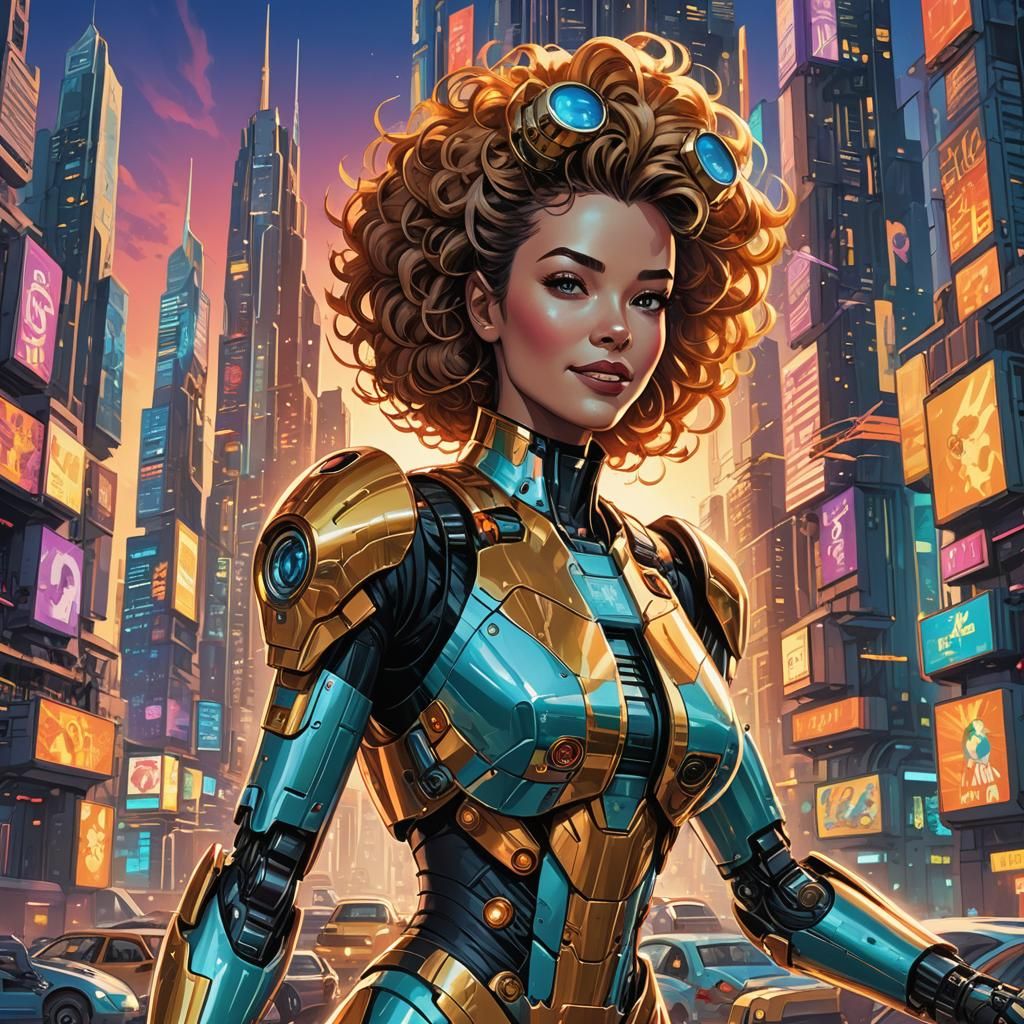 Retro-Futuristic Comic Book Woman in VR City