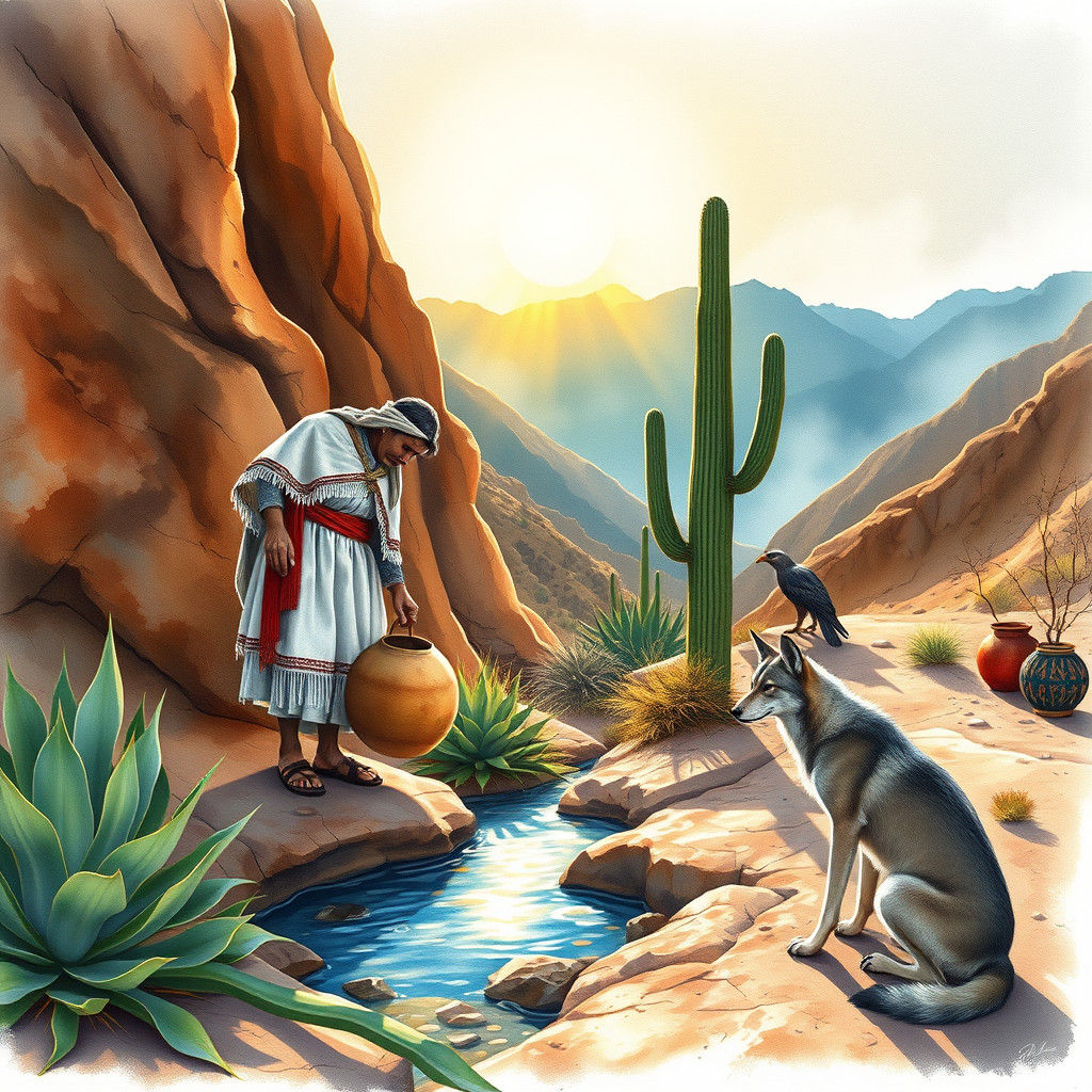 Mexican Indigenous Man at Desert Spring, Watercolor
