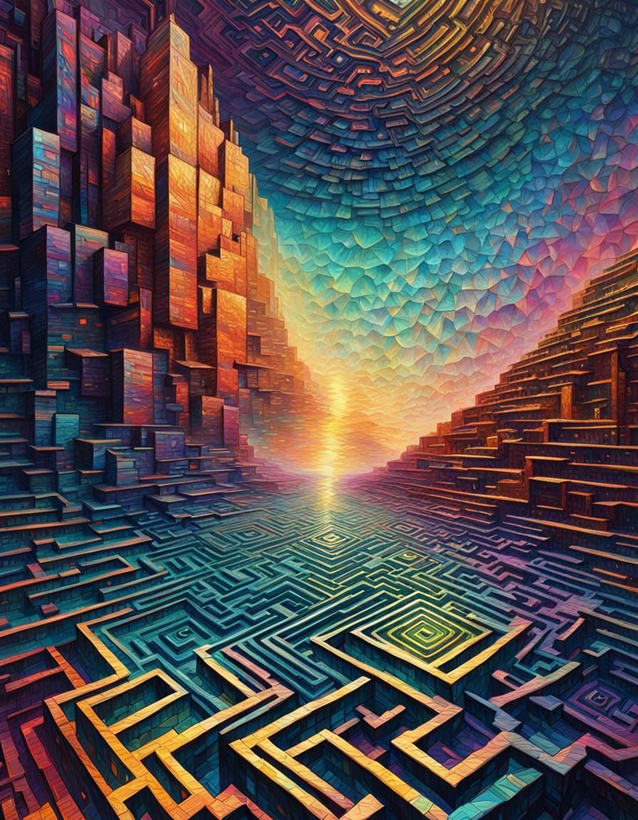 Iridescent Geometric Maze in Abstract Futurism Style