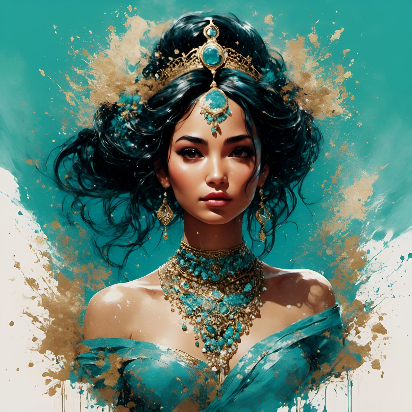 Princess Jasmine Portrait with Turquoise Filigree in Graffit...