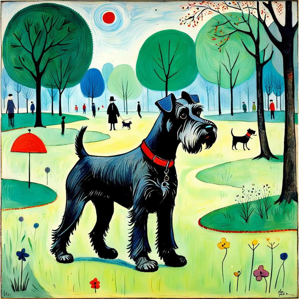 Schnauzer Dog in Park, Modern Art Style