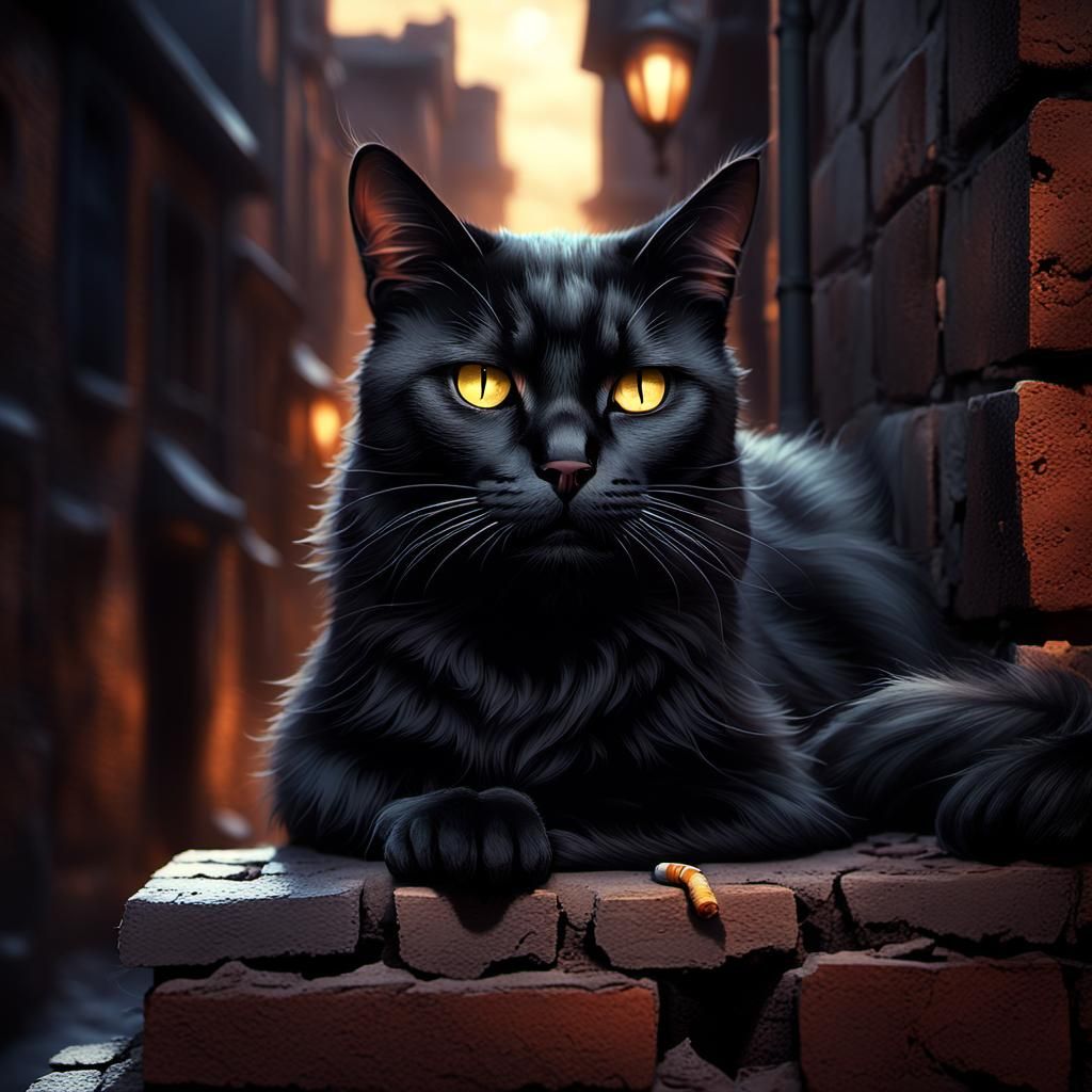 Black Cat Smoking in Dimly Lit Alleyway
