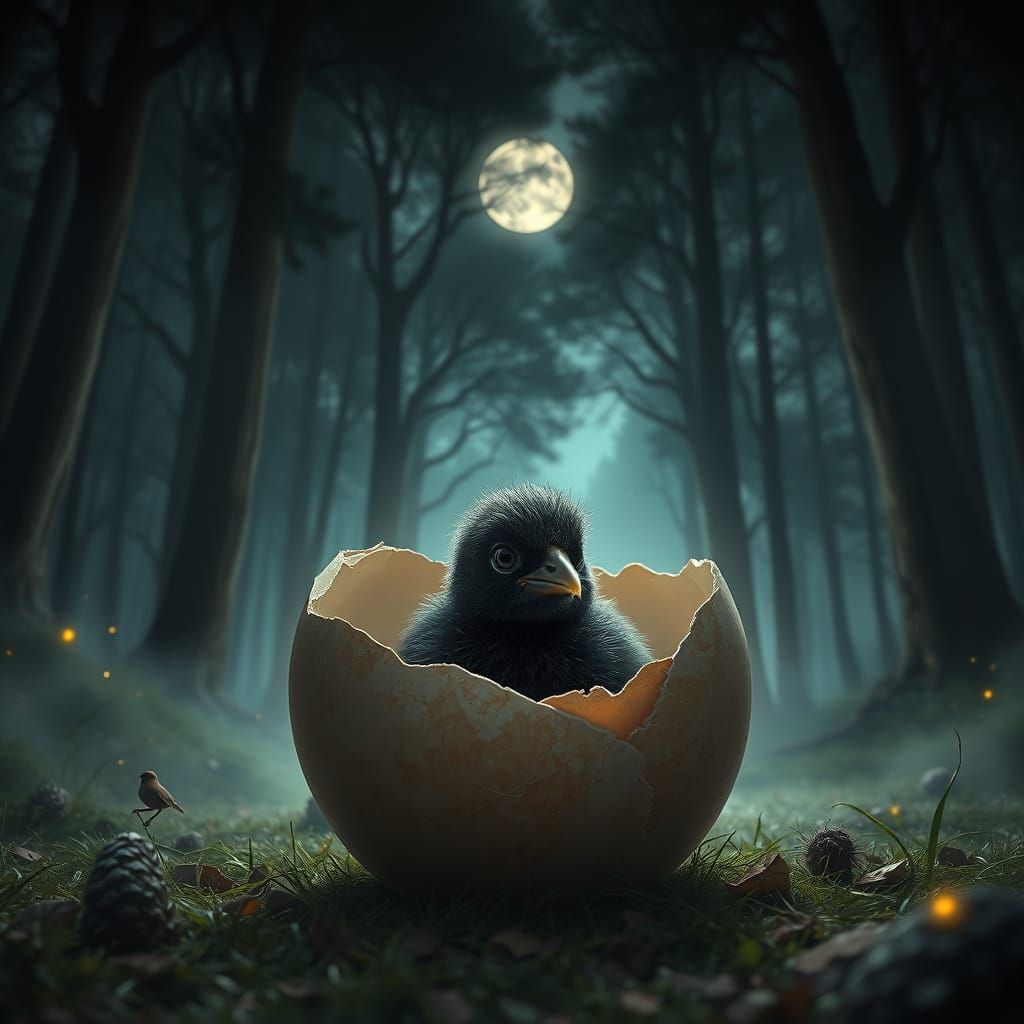 Adorable Black Chick Emerges from Eggshell in a Moonlit Fore...