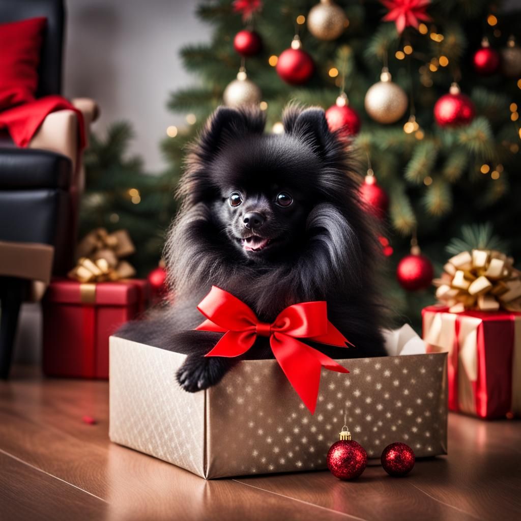 Fluffy Black Pomeranian Puppy in Christmas Gift Box