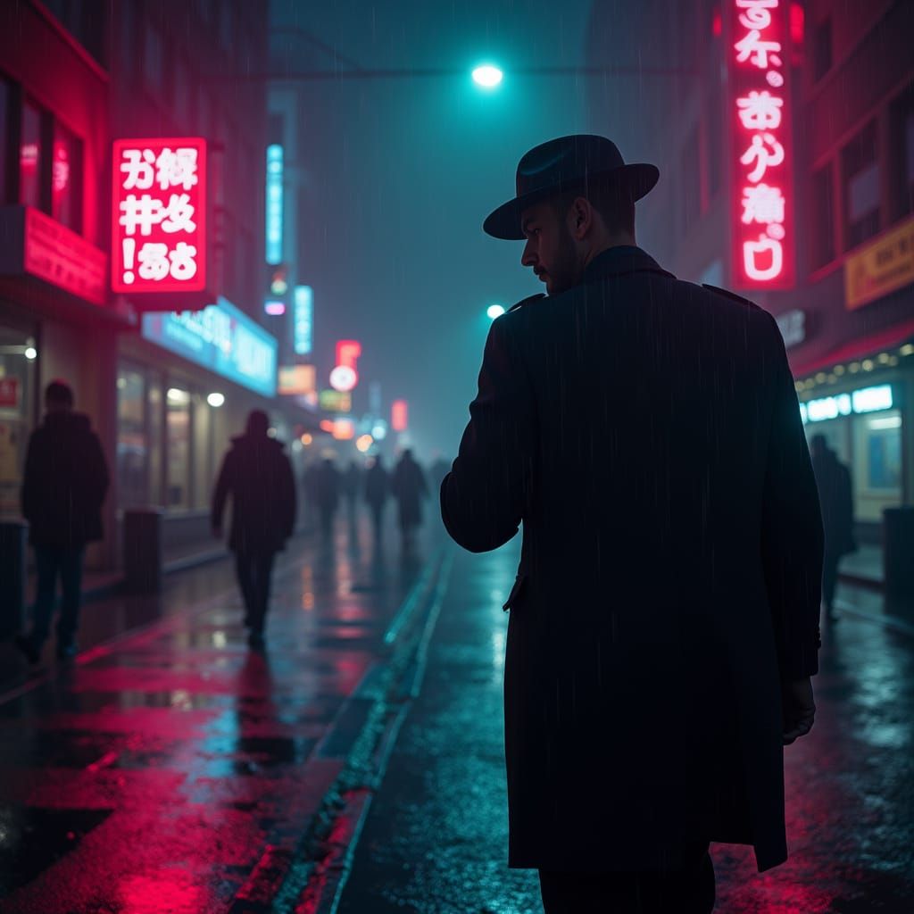 Noir Private Eye in Rainy Neon Streets