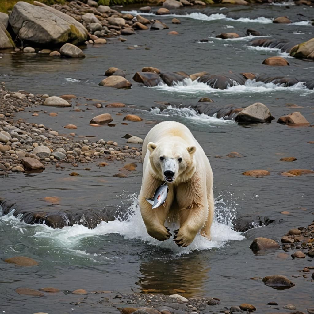 Polar Bear Hunting Salmon in Arctic Stream