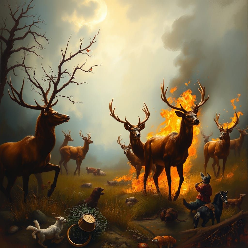 Dramatic Deer Hunt Scene in French Romanticism Style