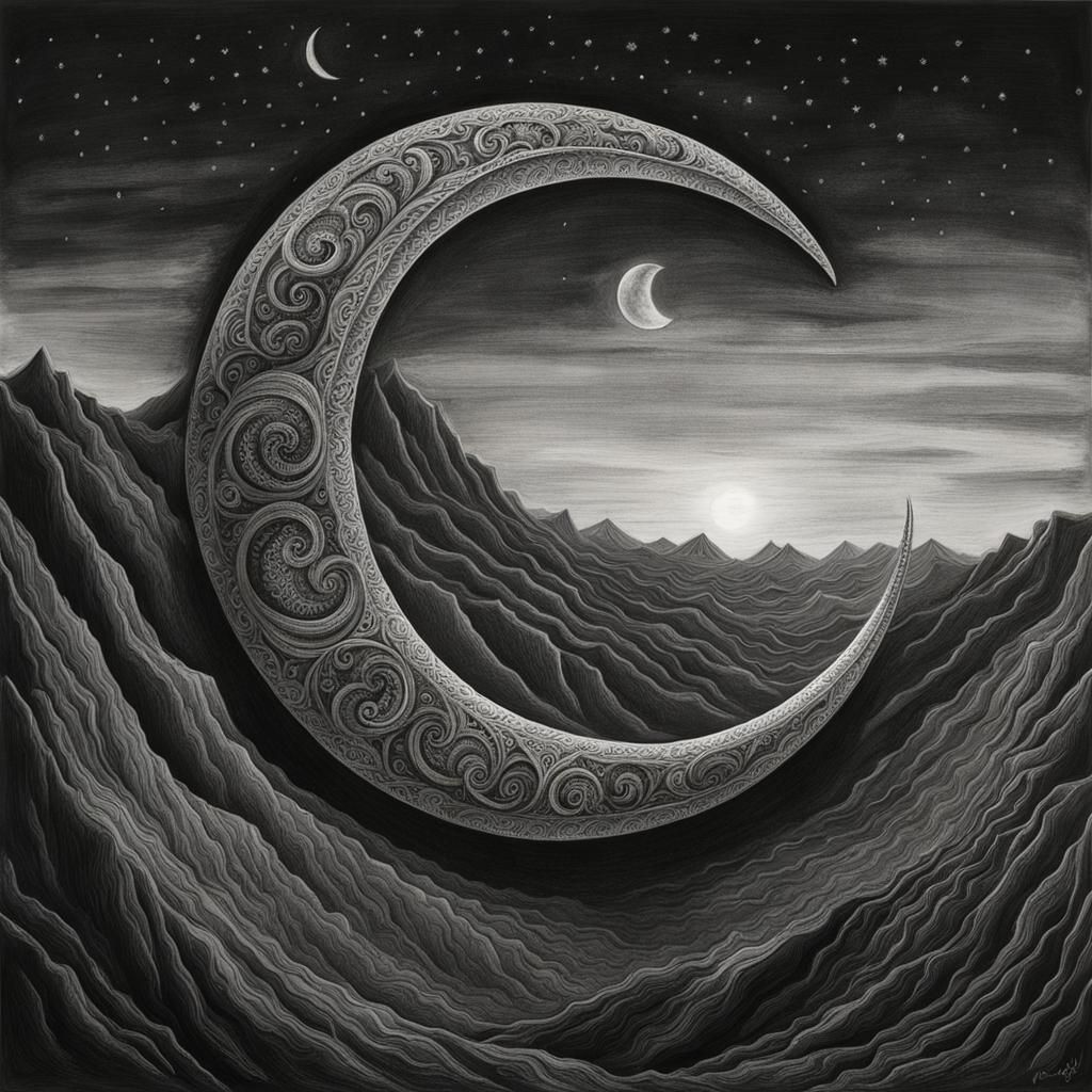 Hyperdetailed Charcoal Drawing of Crescent Moon