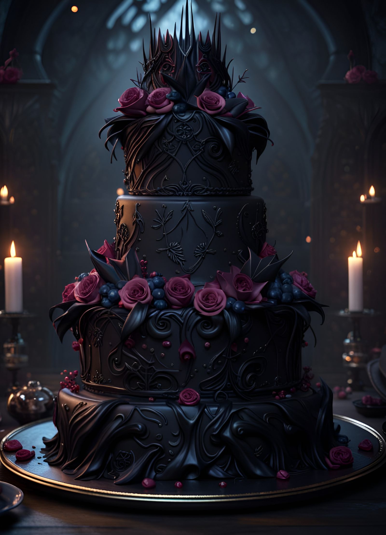 Intricate Gothic Wedding Cake in Dark Fantasy Style