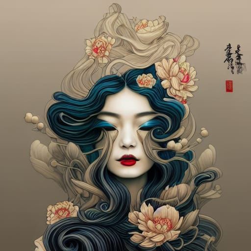 Elaborate Ink Illustration: Glassy Liquid Geisha