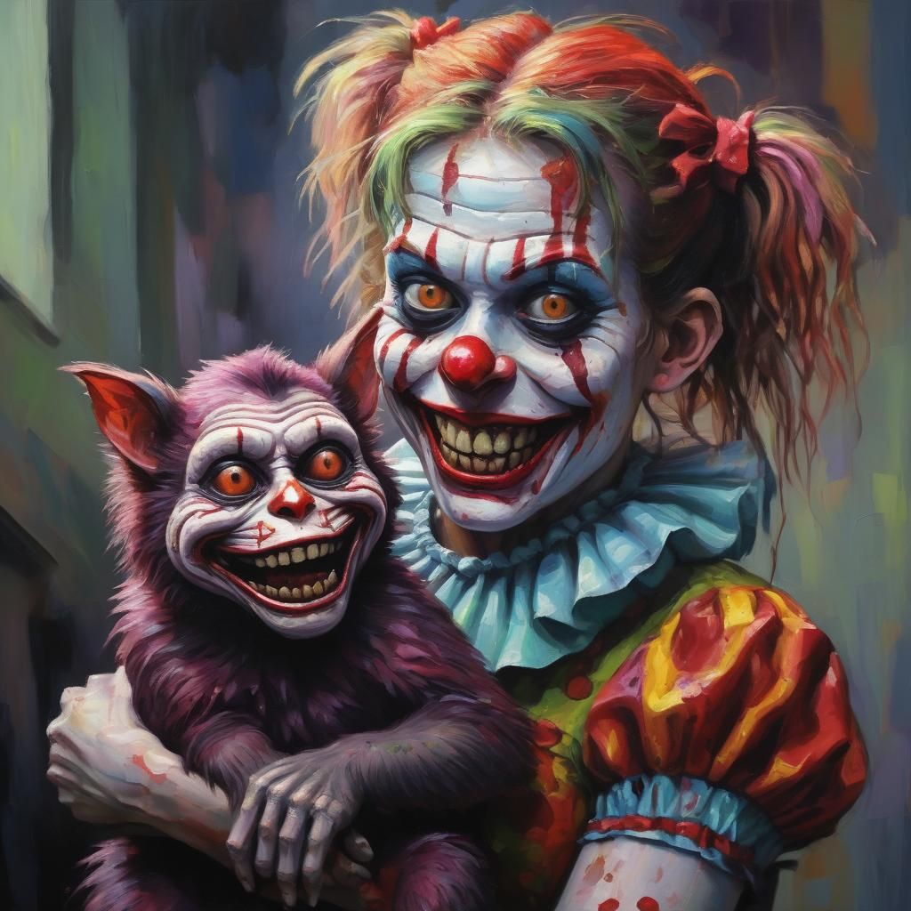 Zombie Monkey Clown with Cat in Expressionist Style