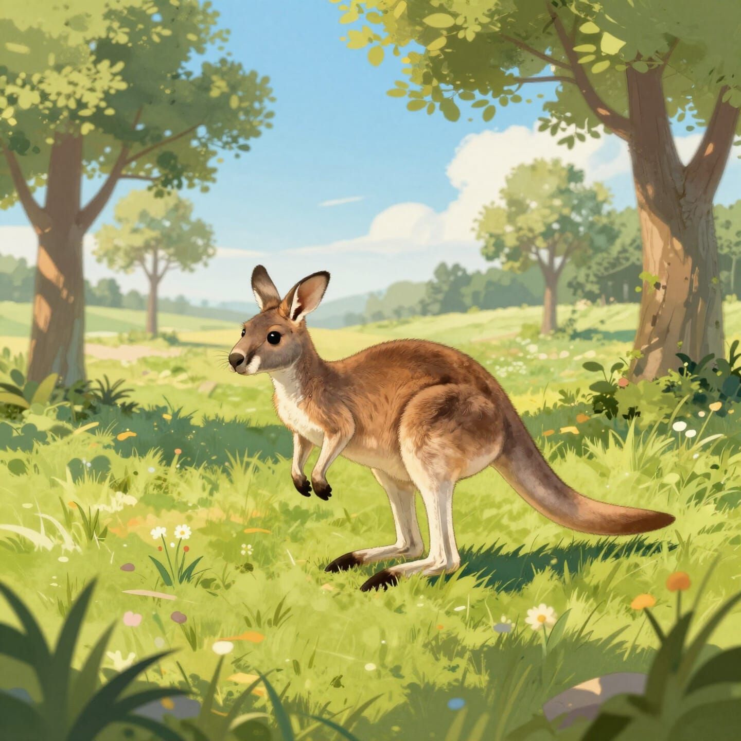 Cute Kangaroo Hops Through Sunny Meadow in Storybook Style