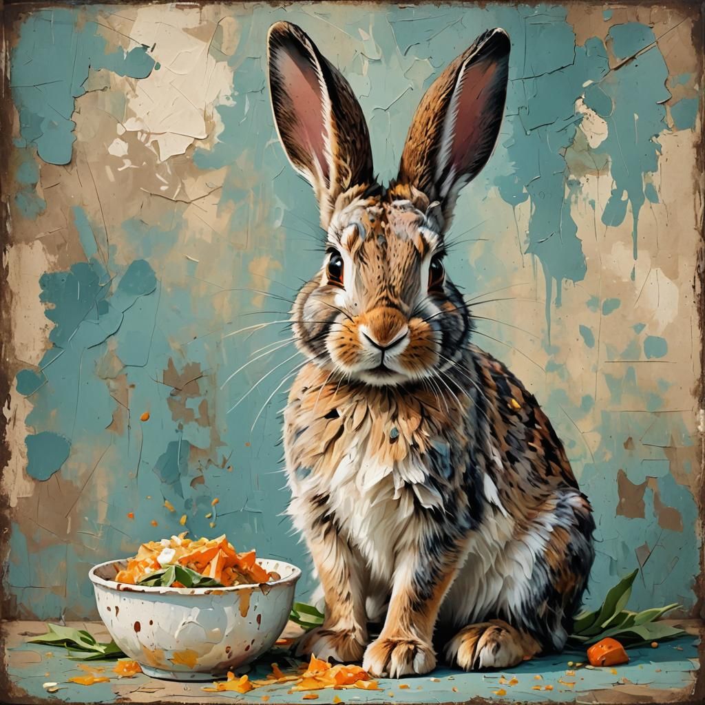 Rabbit Eating: Impasto Oil with Grunge
