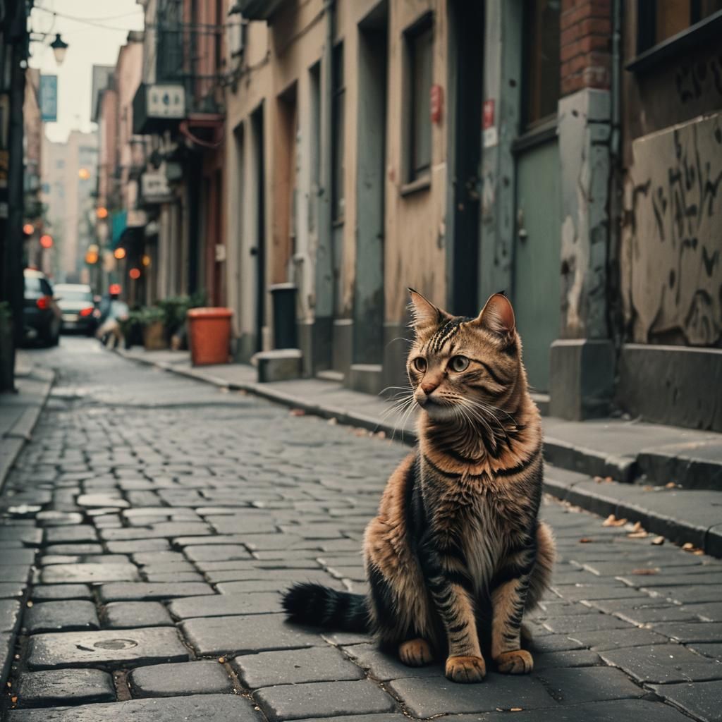 Stray Cat in Abandoned City: Cinematic Film Still