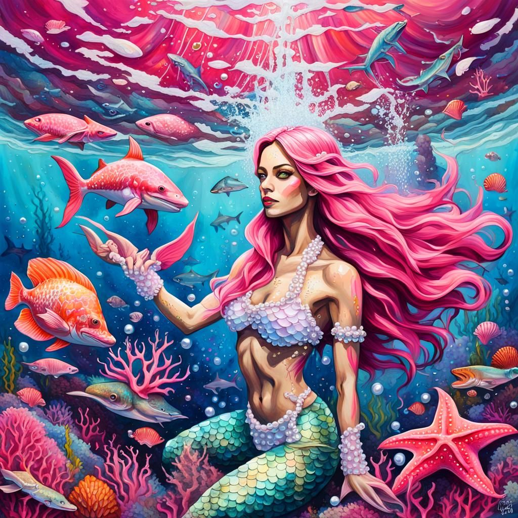 Pink Mermaid Under the Sea in Graffiti Art