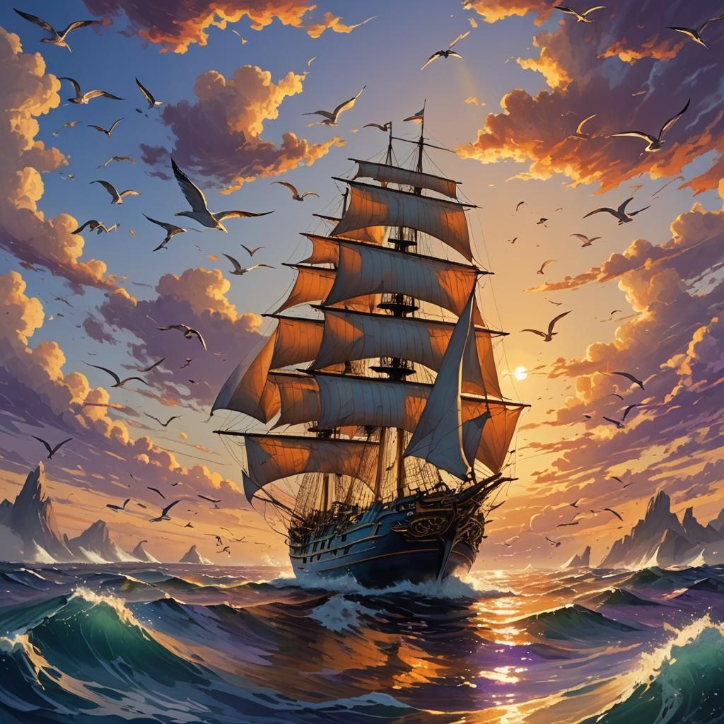 Sailboat Glides on Serene Sunset Ocean