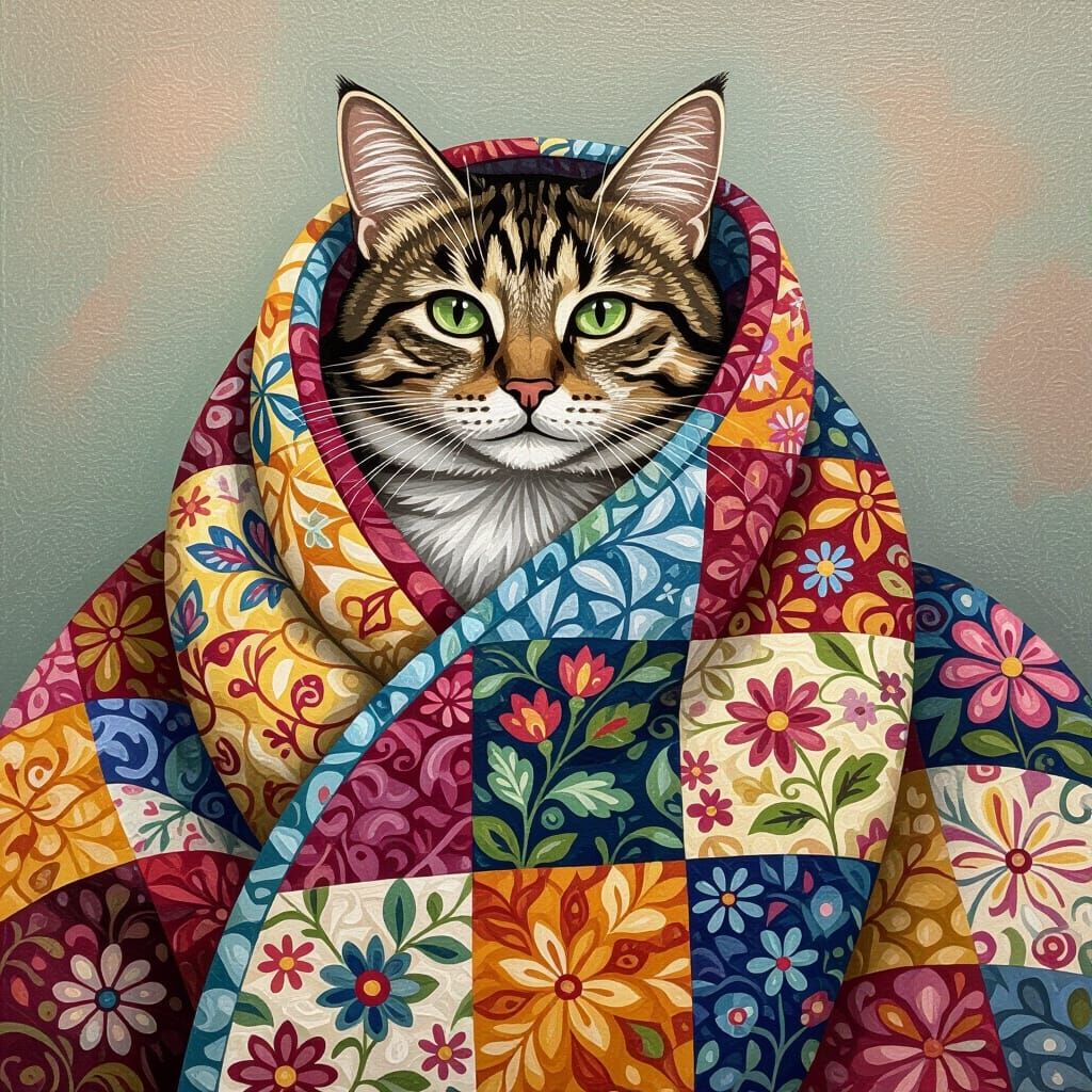 Oil Painting of a Cozy Cat in a Paisley Floral Quilt