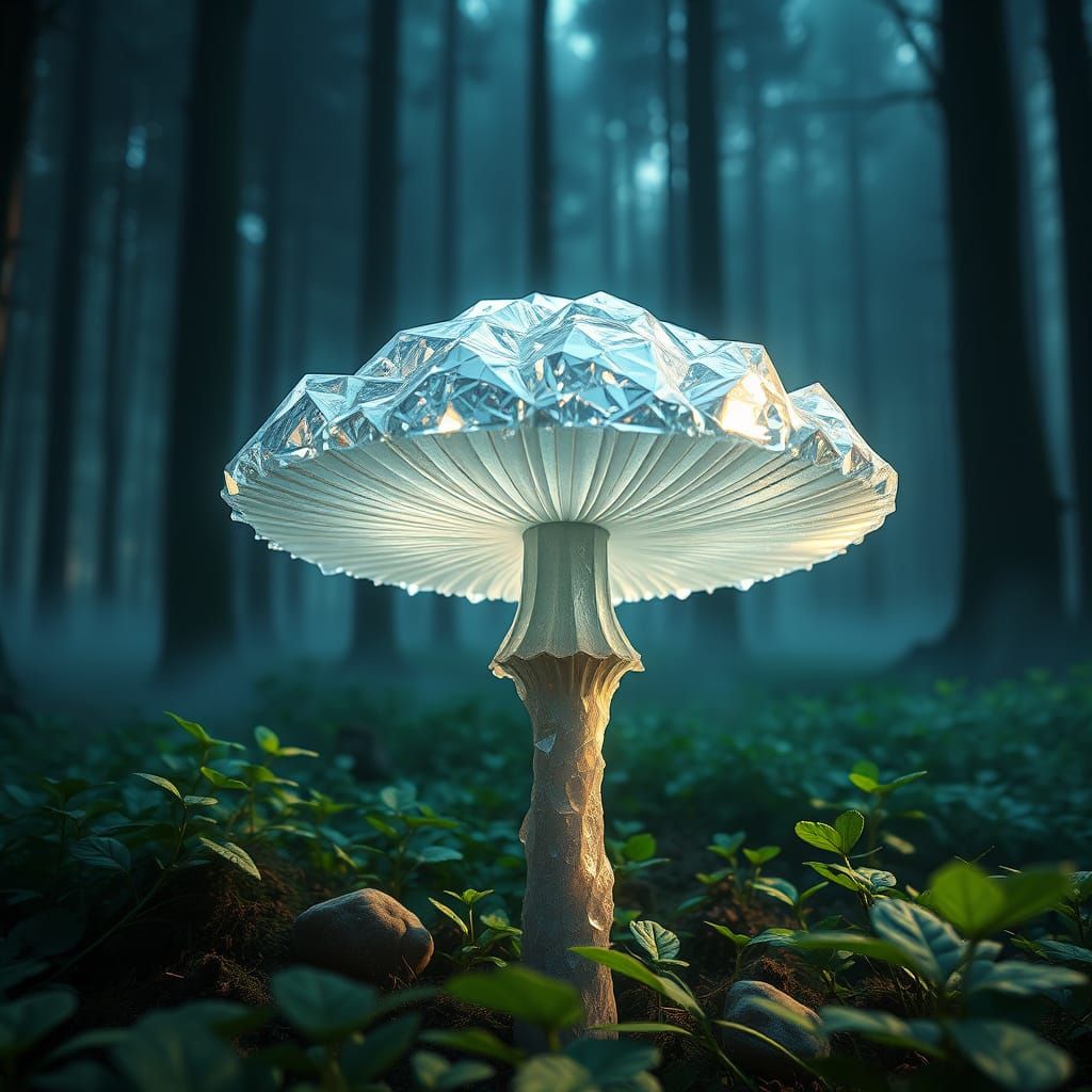 Realistic Crystal Mushroom in Mysterious Forest Landscape