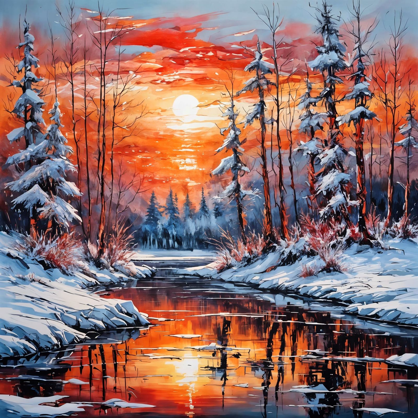 Frozen Lake Reflects Fiery Sunset: Expressionist Winter Scen...