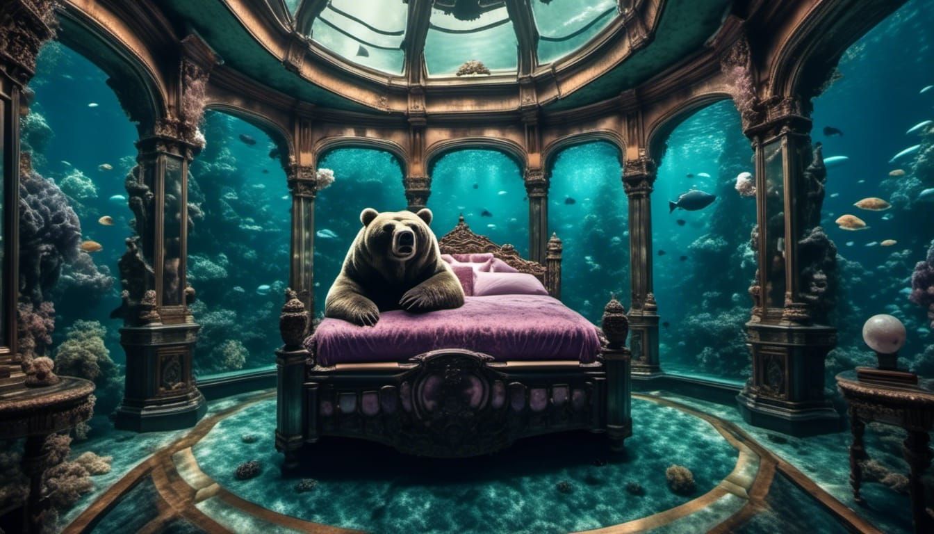 Steampunk Atlantis: Intricate Glass Bear in Underwater City