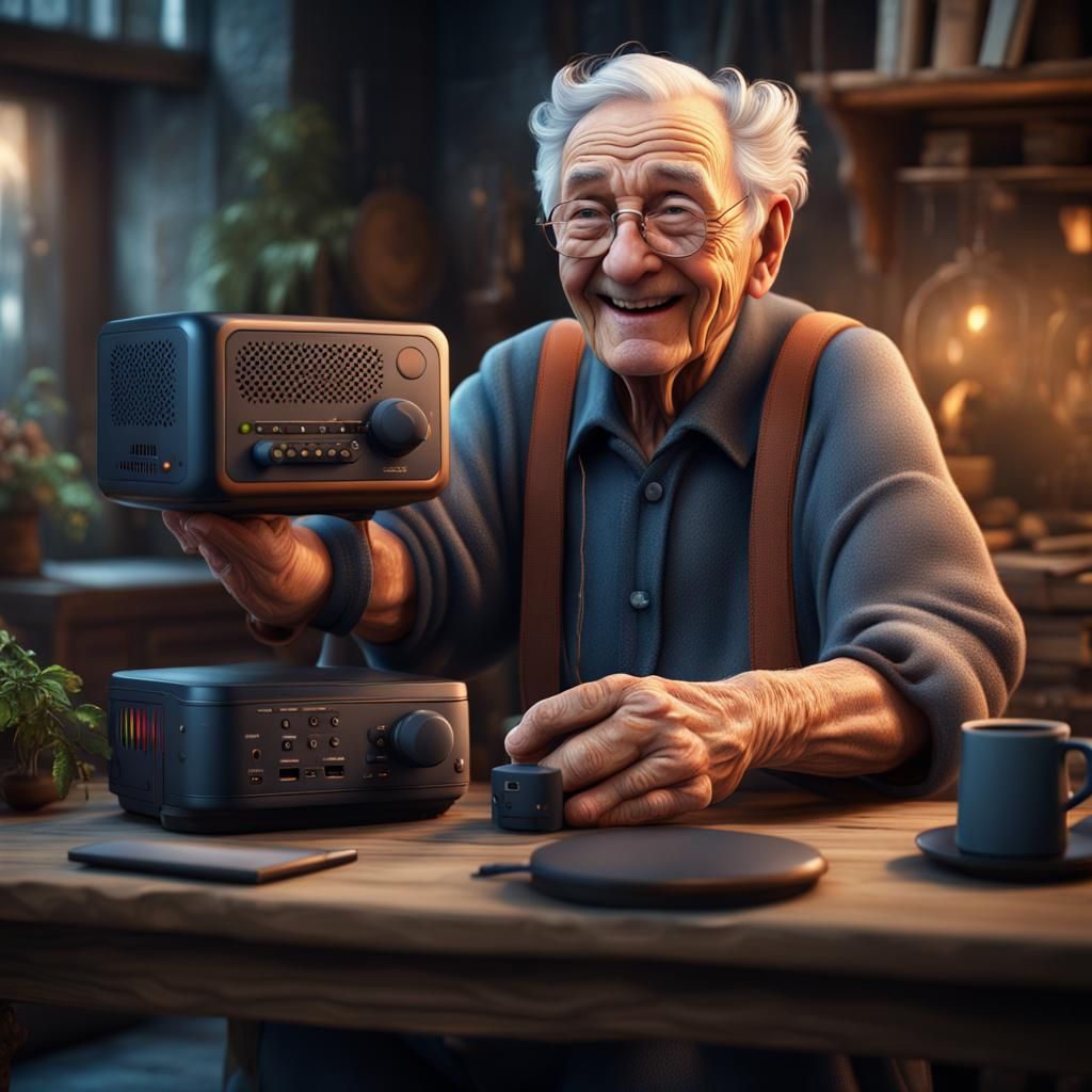 Happy Old Person with Wi-Fi Router Hands