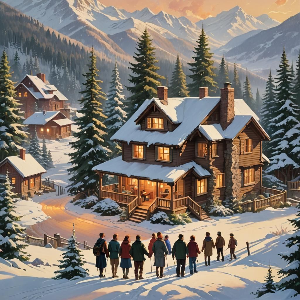 Cozy Winter Family Gathering in Snowy Mountains