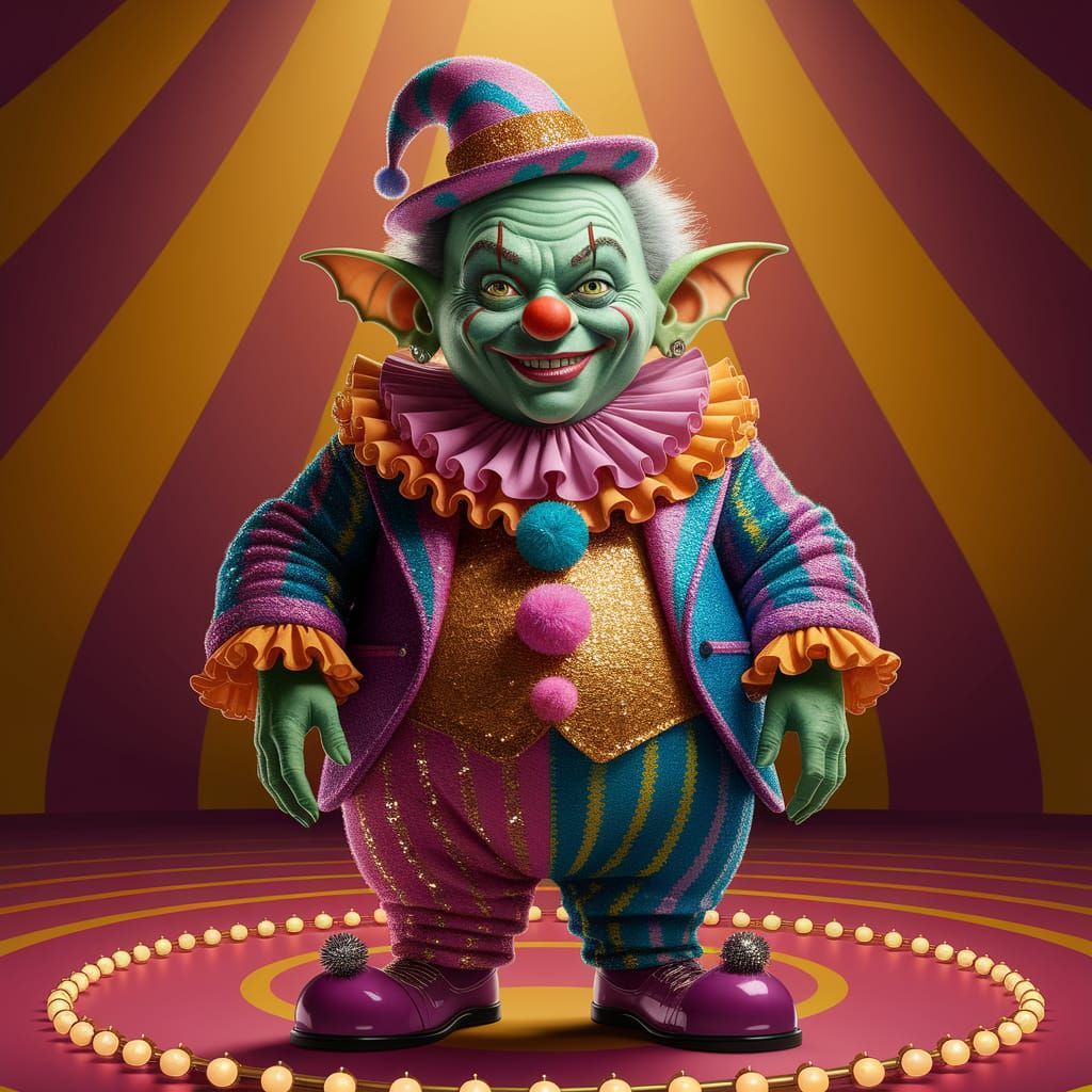 Goblin Clown Performing in a Whimsical Circus Tent