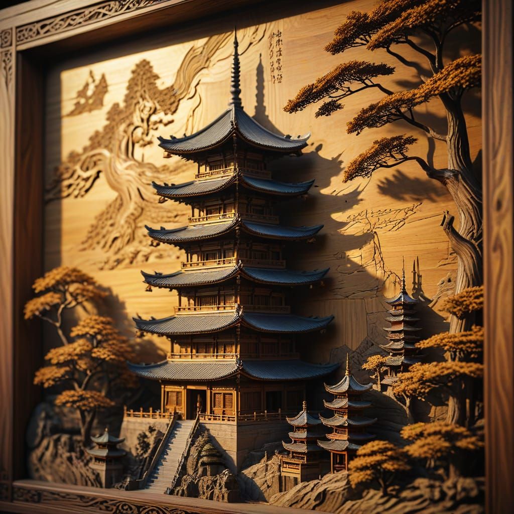 Dongyang Wood Carving of Leifeng Pagoda in Golden Hour Light