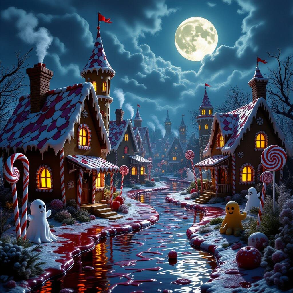 Dark Fantasy Candy Land Town in Hyper-Realistic Style