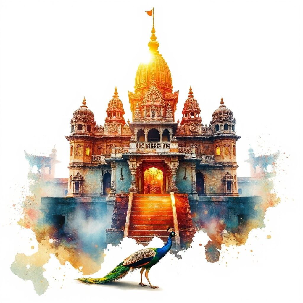 Ethereal Indian Temple at Dawn with Regal Peacock